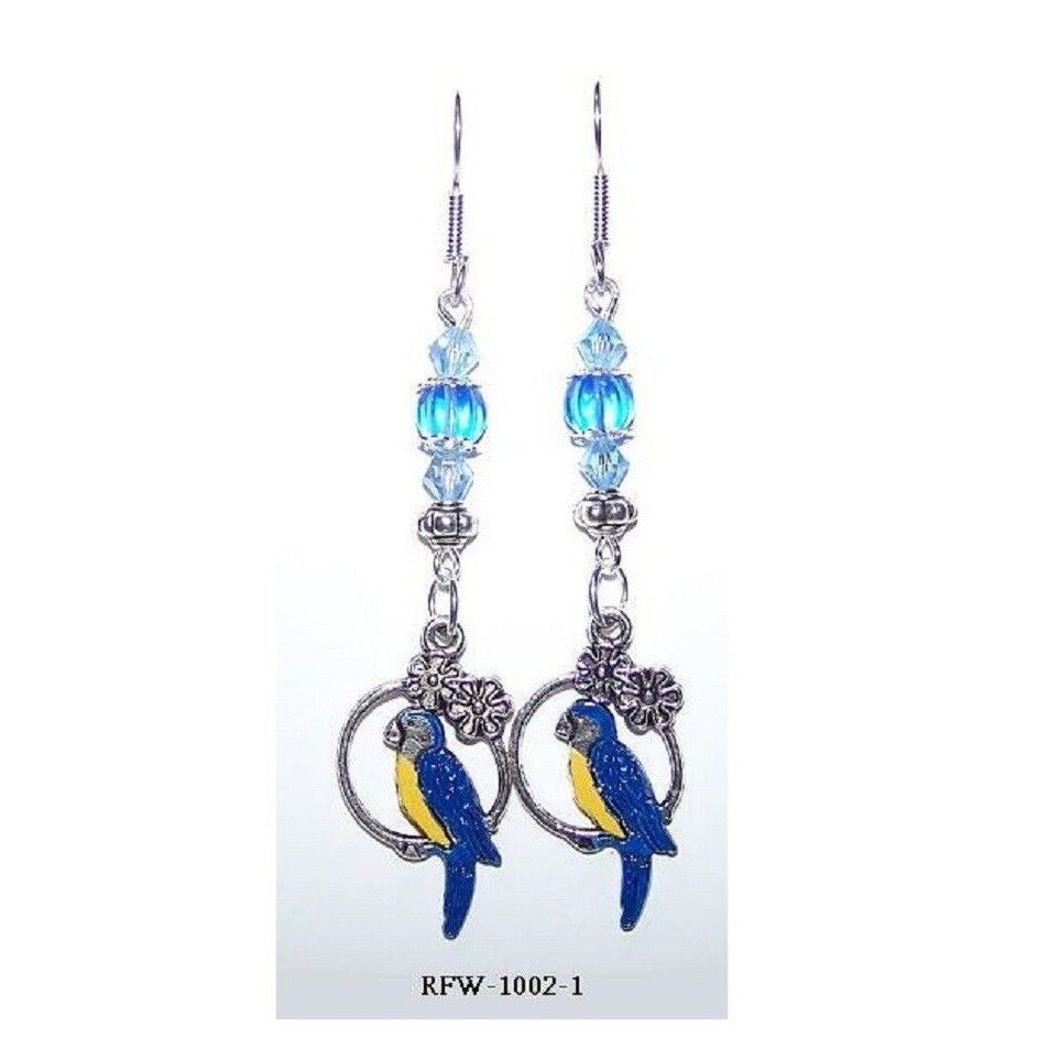 Earrings Blue Parrot Hoop Flowers Blue Silver Bead Caps  2" long Sterling Hook