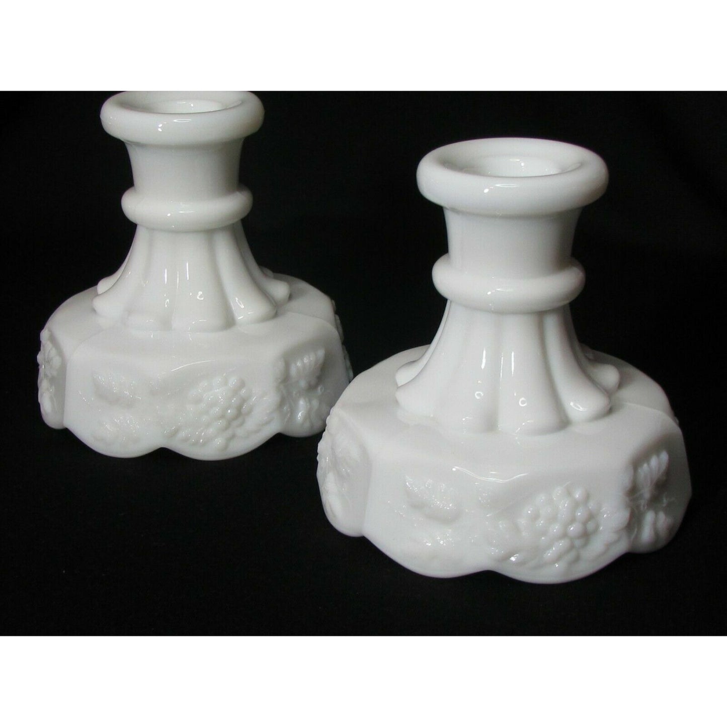 WESTMORLAND VINTAGE MILK GLASS CANDLE STICK HOLDERS “Grape Harvest” Pattern Pair