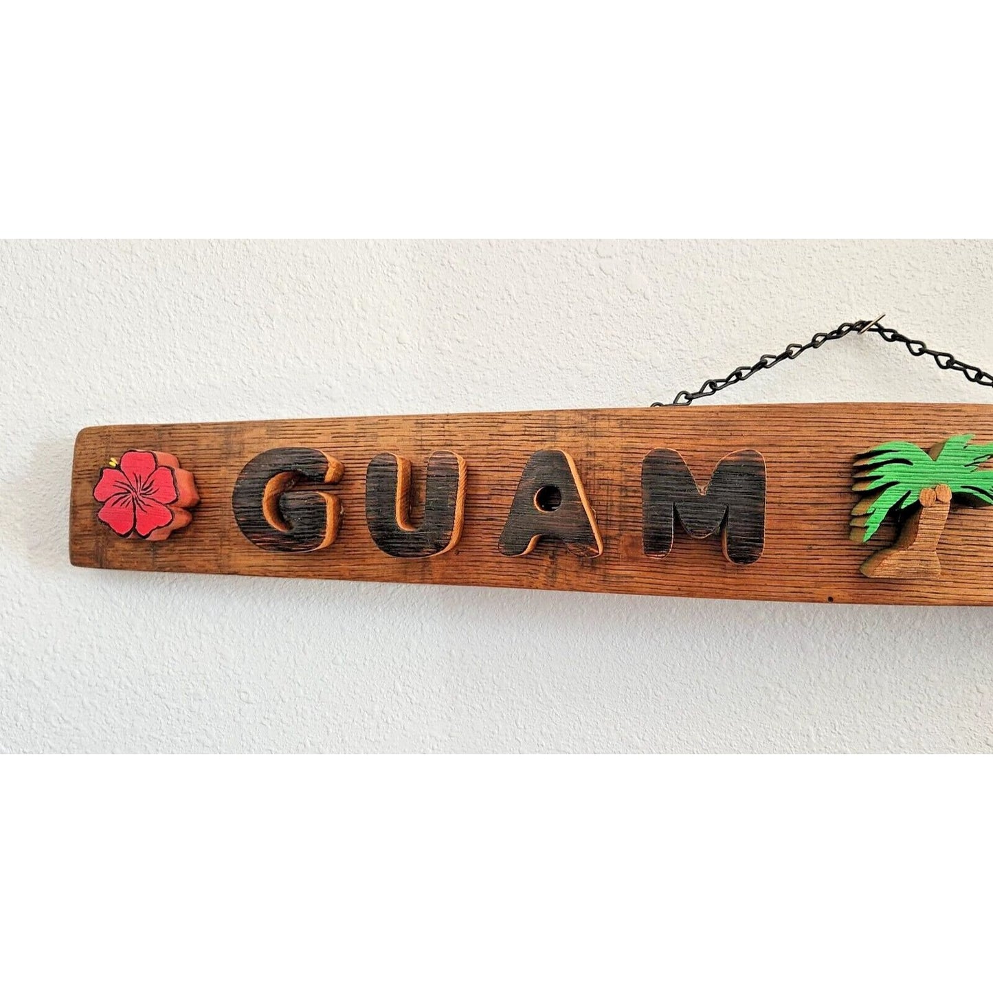 Wood Sign Wine Stave says "Guam USA" Flowers Palm Tree Letters Cut Stave