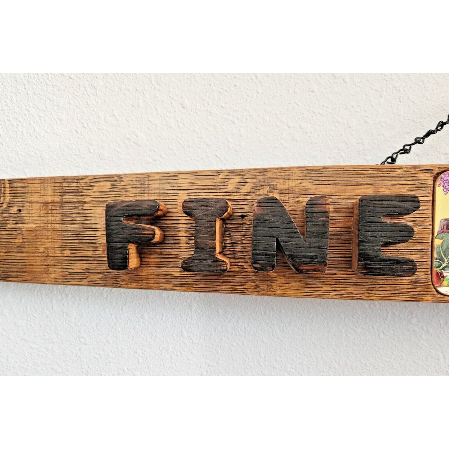 Wood Sign Wine Stave says "Fine Wines" Tile in the Middle Letters Cut Stave