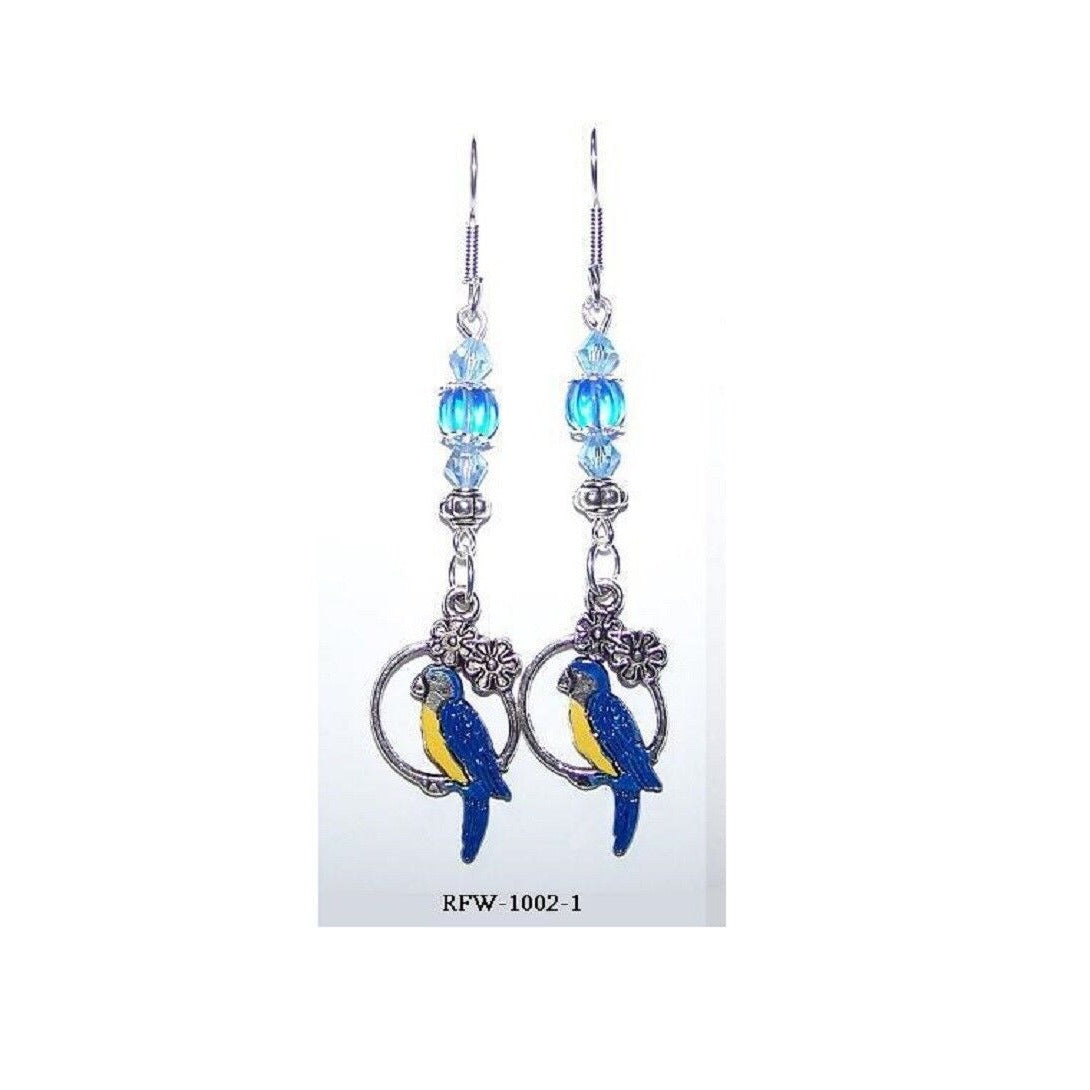 Earrings Painted Parrot Hoop Flowers Blue Silver Beads  2" long Sterling Hook
