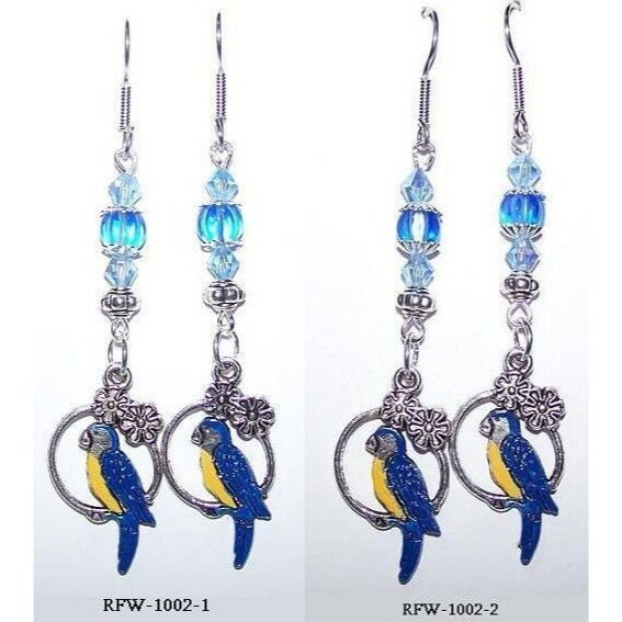 Earrings Blue Parrot Hoop Flowers Blue Silver Bead Caps  2" long Sterling Hook