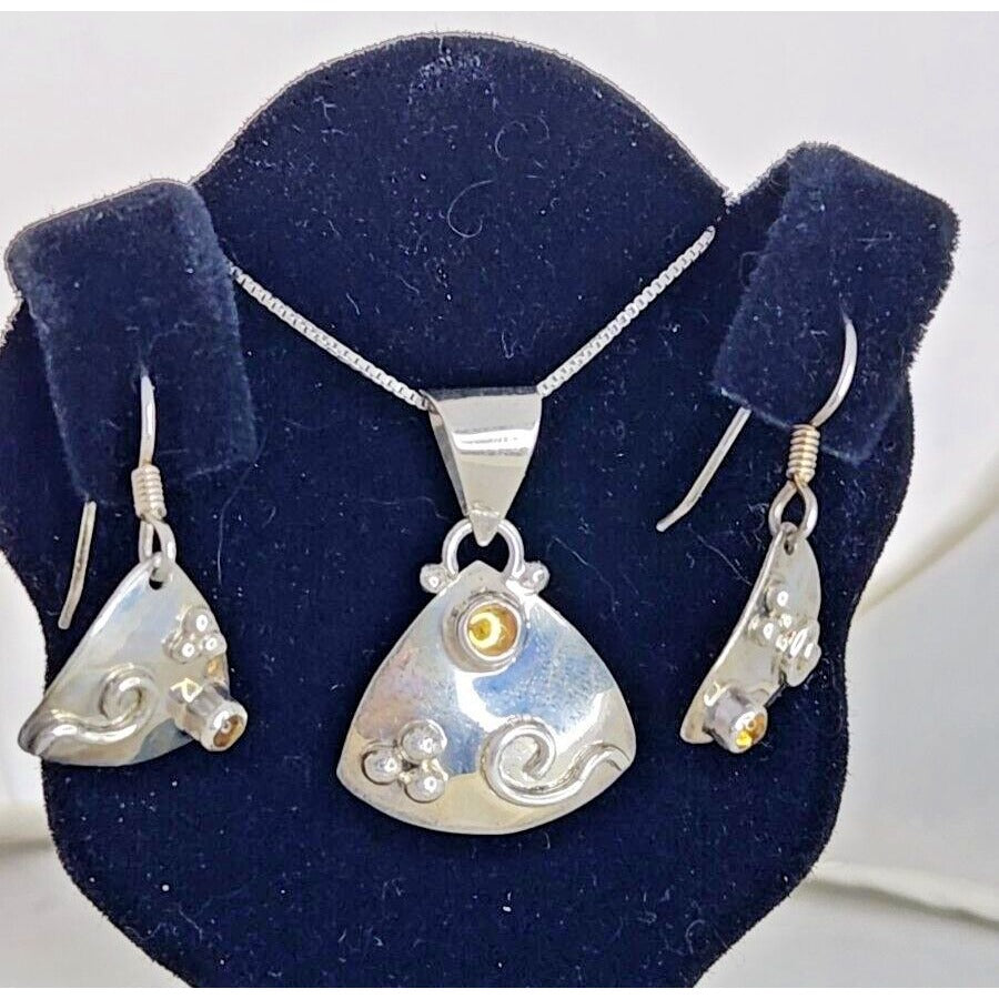 Jewelry Necklace Earrings Set Round Citrine 18" Silver Chain weight 9 Gr