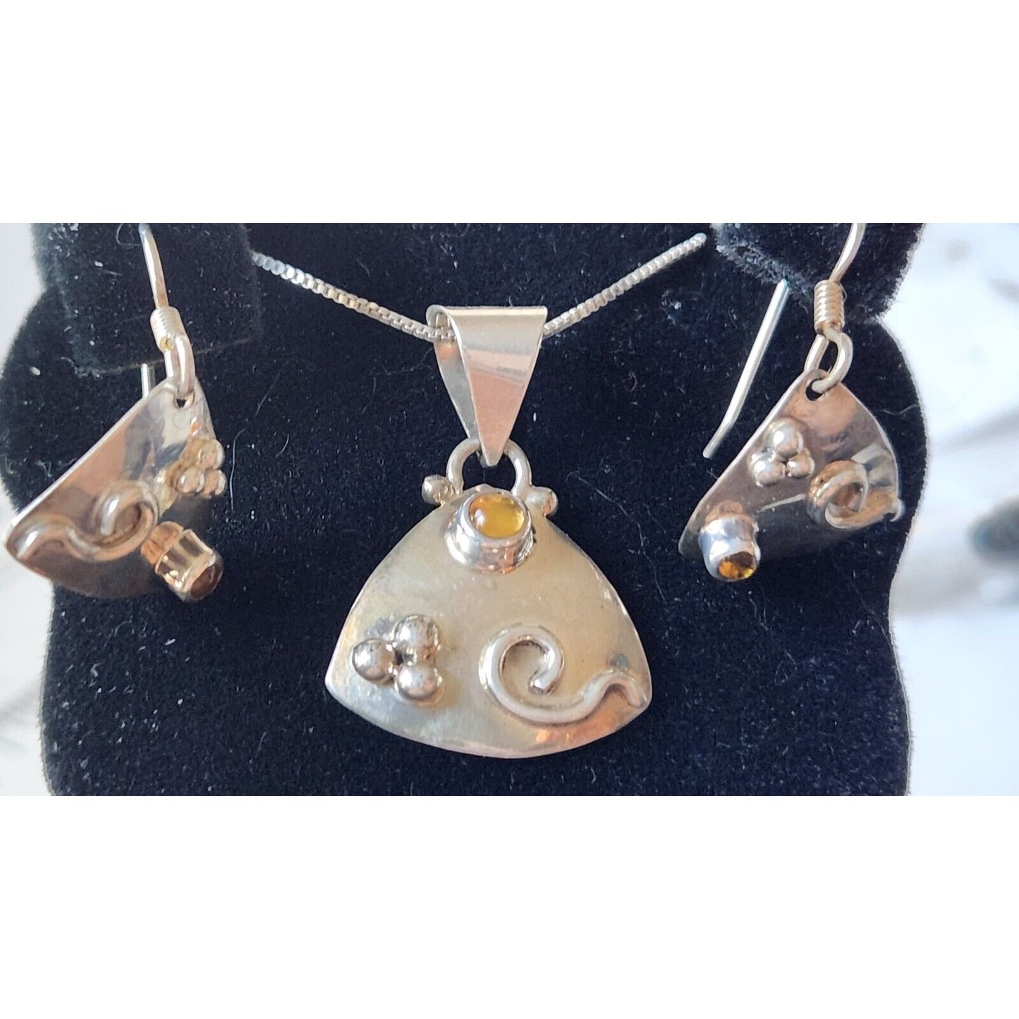 Jewelry Necklace Earrings Set Round Citrine 18" Silver Chain weight 9 Gr