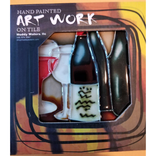 Art Tile 4" x 4" Muddy Waters Hand Painted 7A047 ArtWork on Tile Wine 2 Two Wine Glasses Two Bottles 1/2 " Ceramic Tile and backing