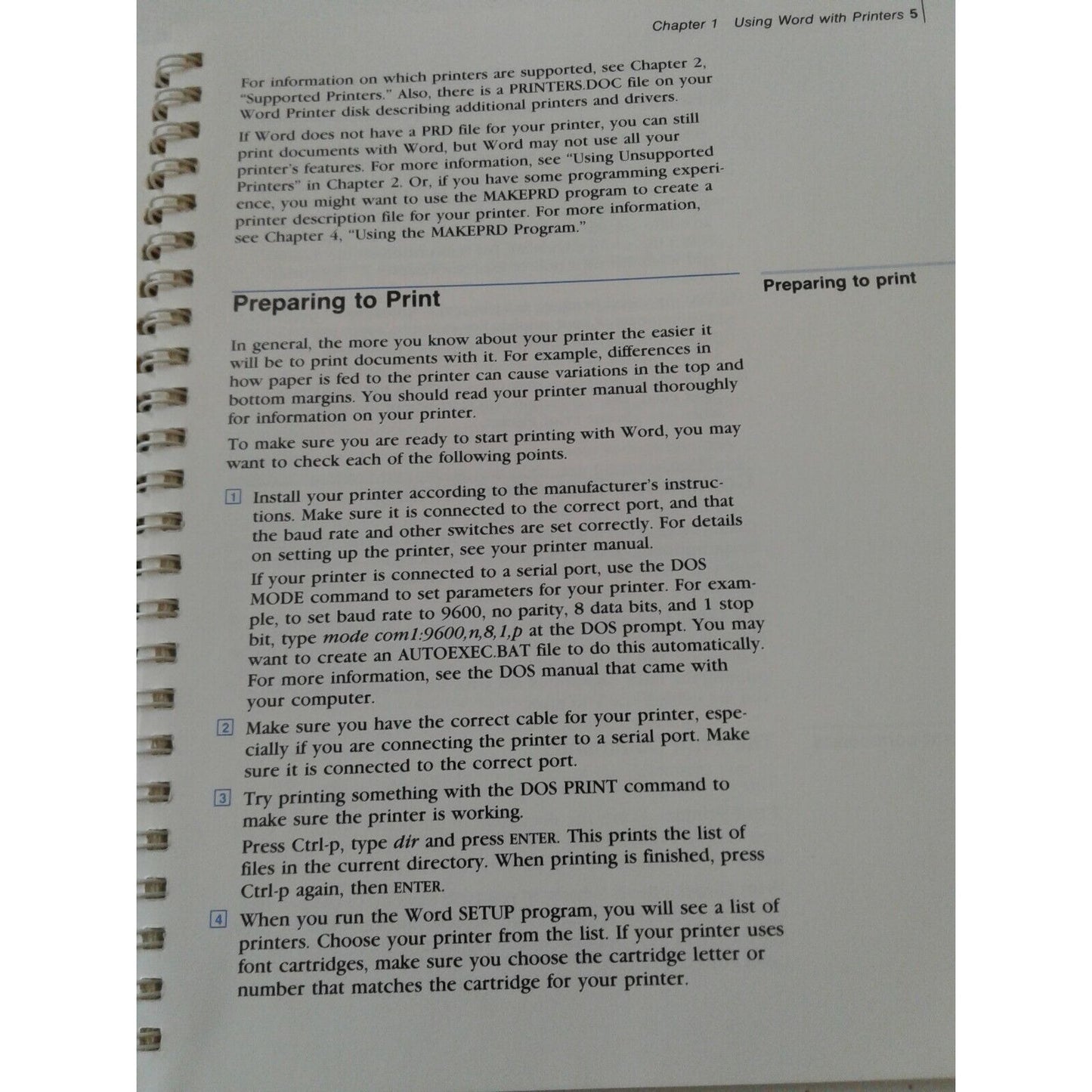 Microsoft Word Word Processing Program Printer Information 1986