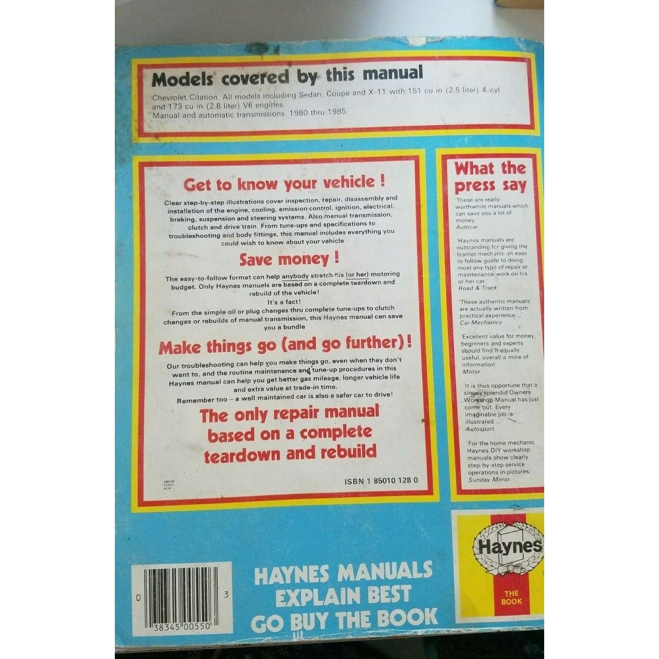 1987 thru 1985 Haynes Chevy Citation 151 173 Automobile Repair Shop # 550