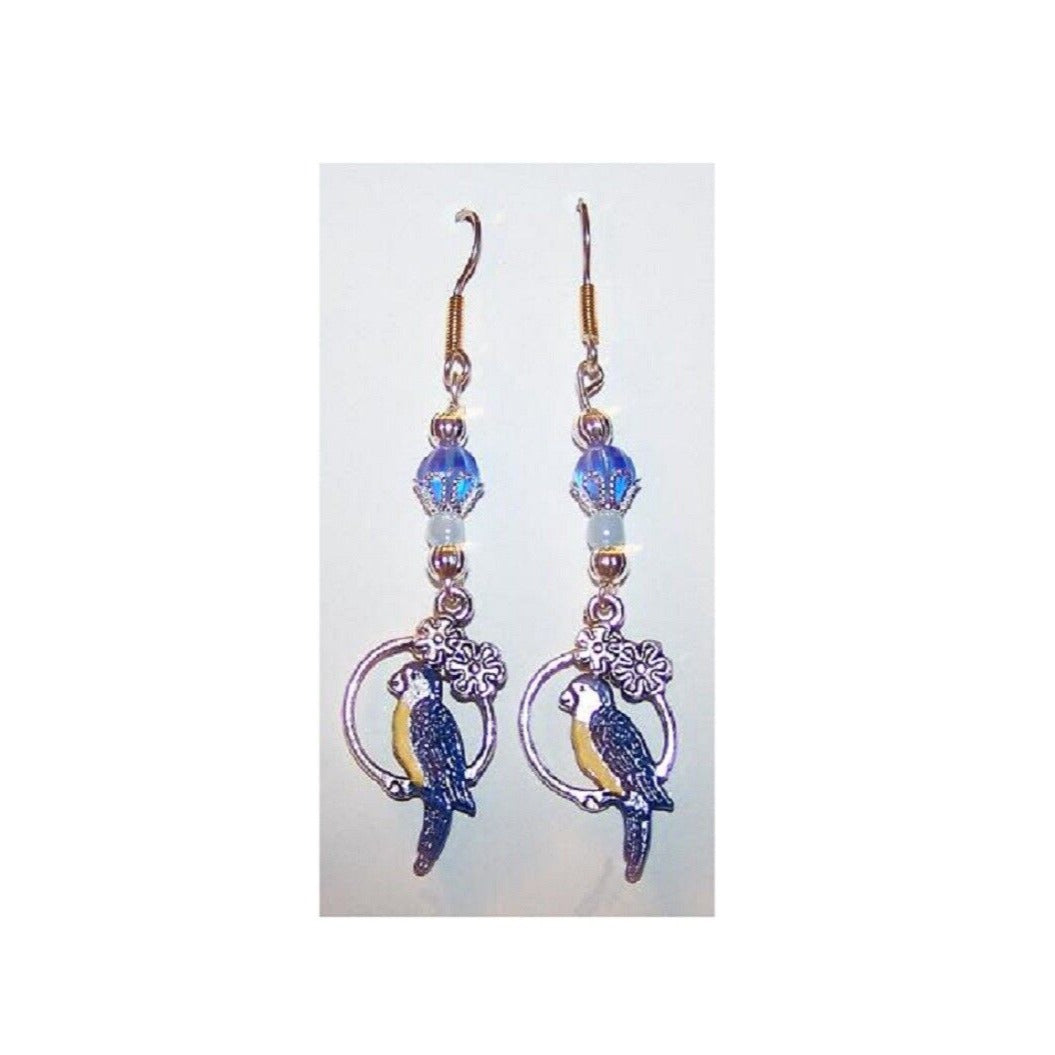 Earrings Blue Parrot Charm Flowers Blue Silver Bead Caps  2" long Sterling Hook
