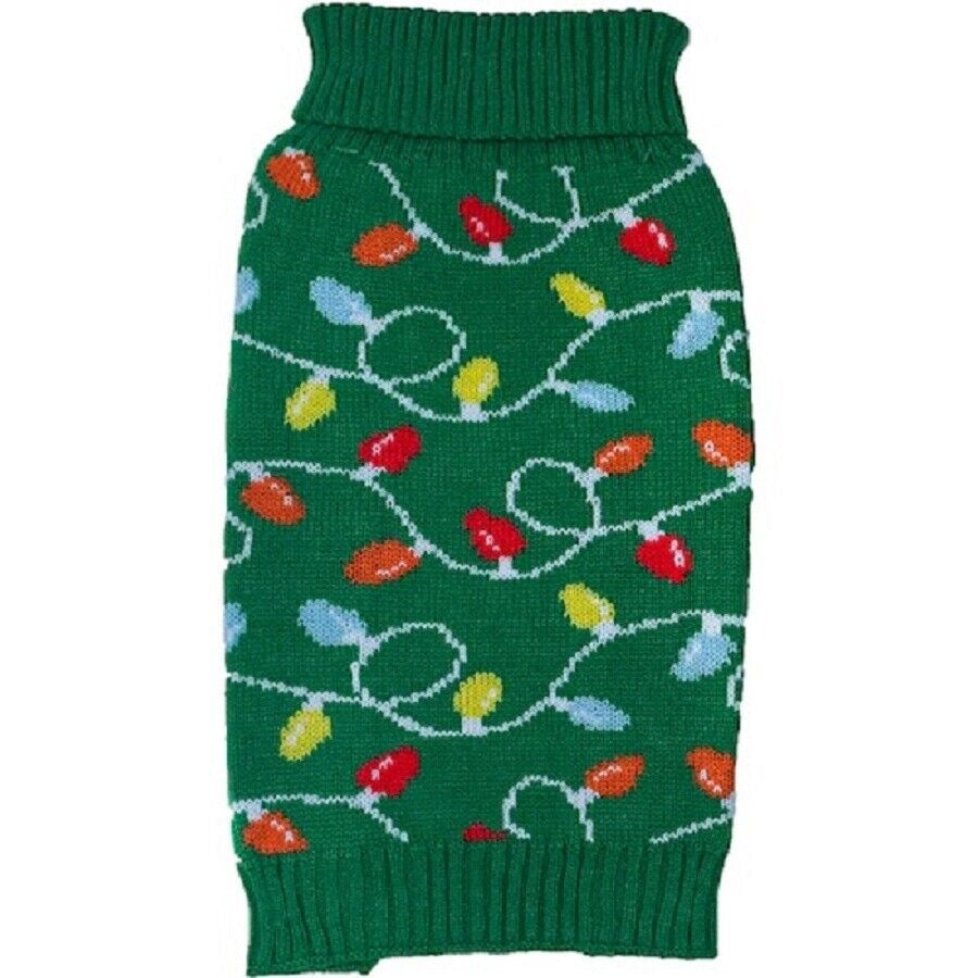 Dog Sweater Size Small Woof Holiday Green with Red Blue Orange yellow Lights Pet
