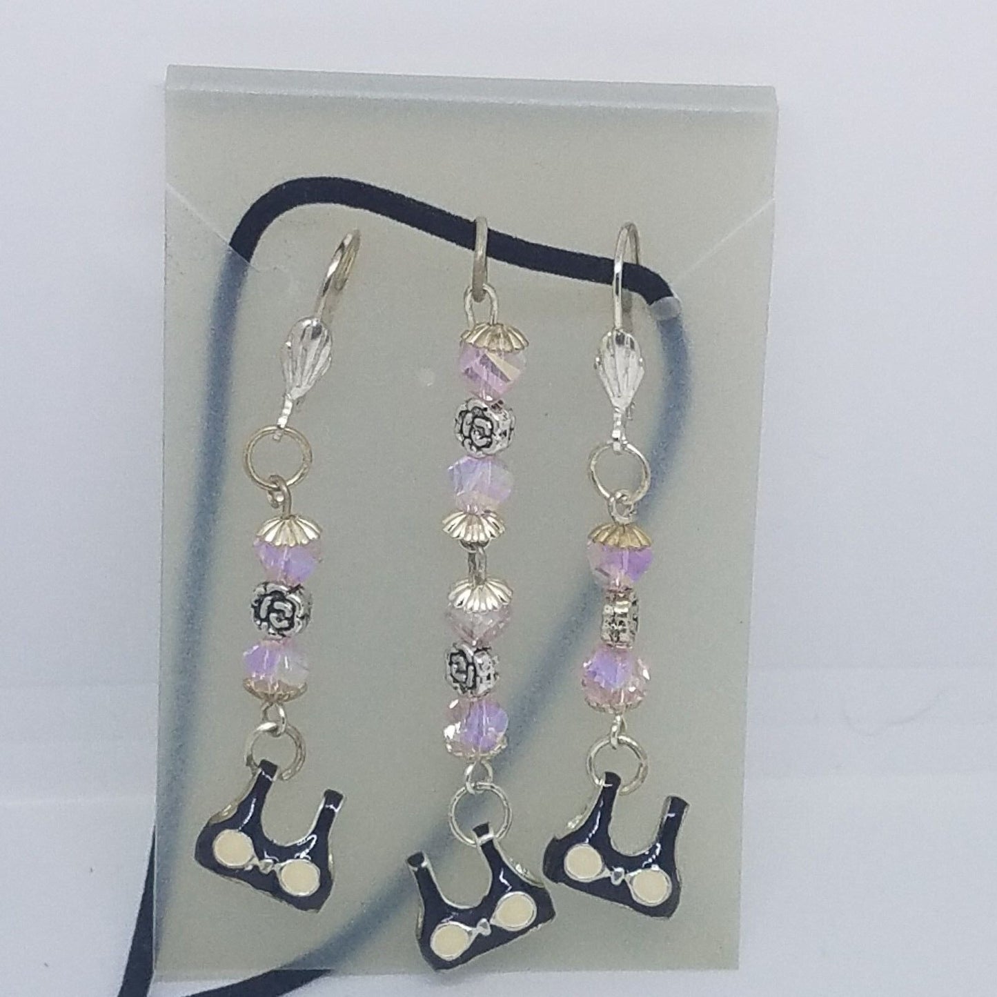 Necklace Earrings Bikini Bra Top 1/2 " Charm Pink Silver Bead Black Leather Cord