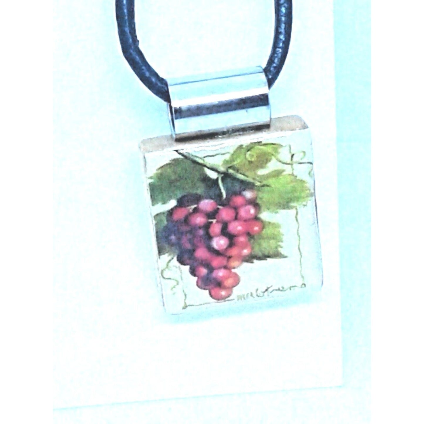 Necklace 1" Red Grape Cluster Wine Printed Scrabble Game Tile Leather Cord