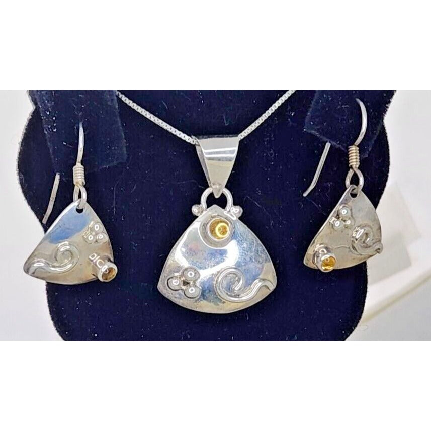 Jewelry Necklace Earrings Set Round Citrine 18" Silver Chain weight 9 Gr