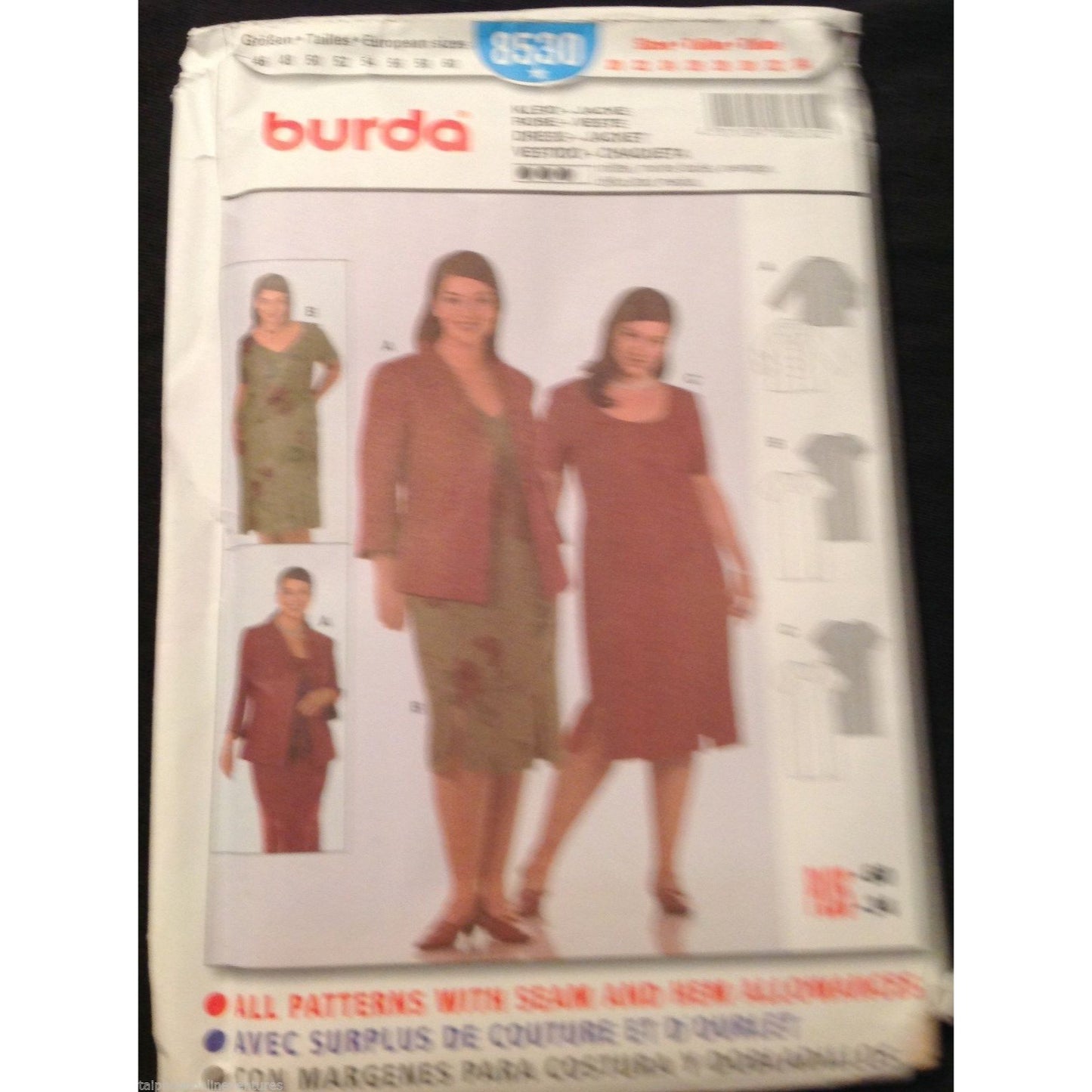 Pattern Burda # 8530 Size 20 to 34 Dress Jacket Instruction 3 languages