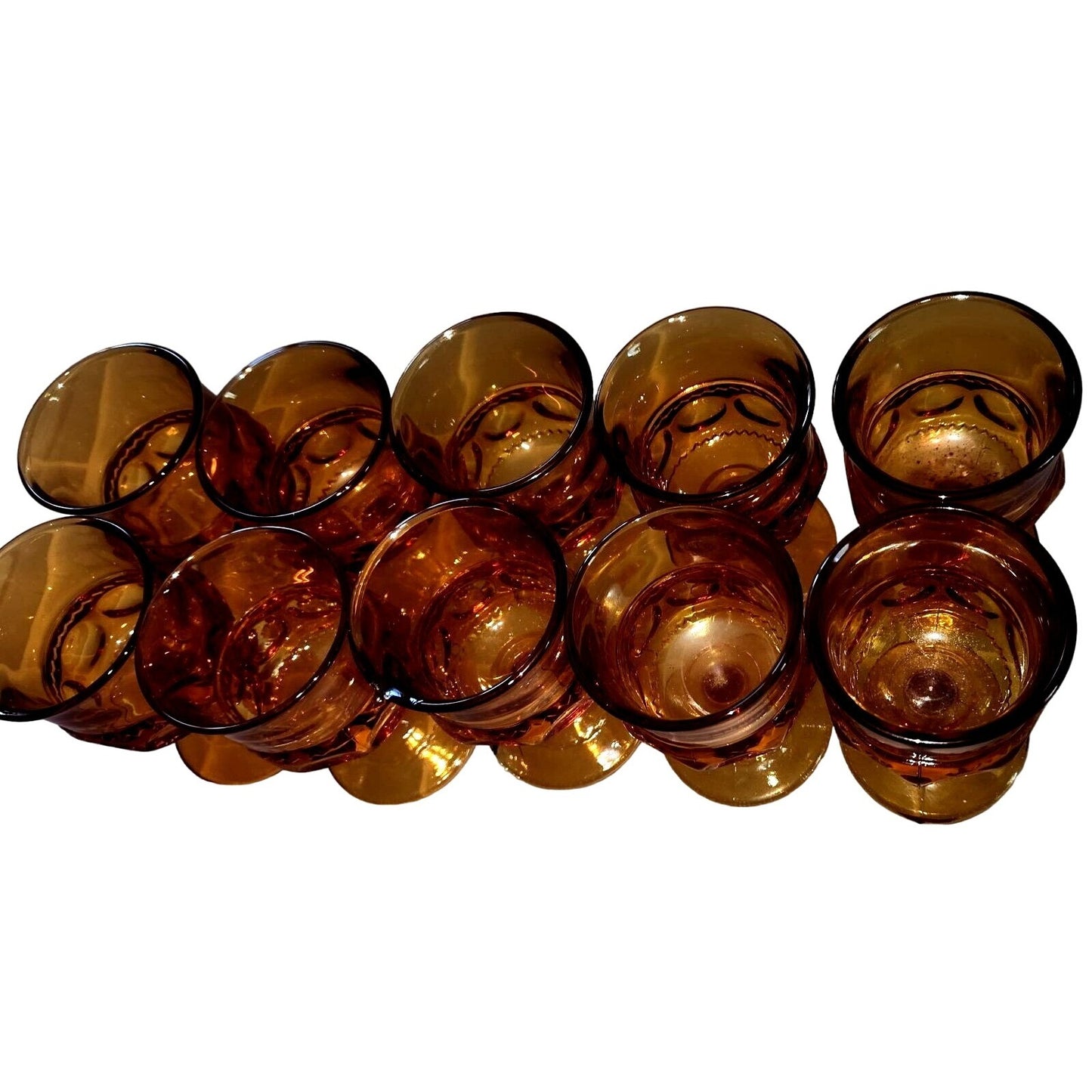 Set of 10 Thumbprint Indiana Glass King’s Crown Amber glasses 4 1/2 Tall 2 1/2" wide top 2" Stem 2 1/2 Glass Vintage Wine Goblets