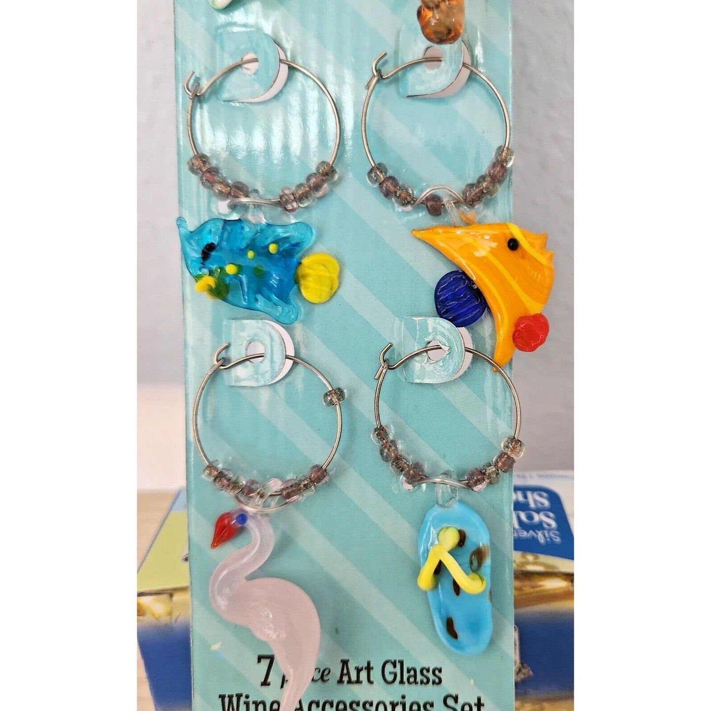Boston Warehouse 7 Piece Art Glass 1 Wine Ring and 6 Beaded Wine Charms Beach