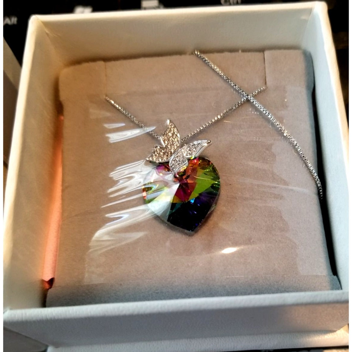 Necklace T400 Jewelers Butterfly Wing Pendant Heart shaped Swarovski Crystal Bow Box Cleaning Cloth Care Instructions