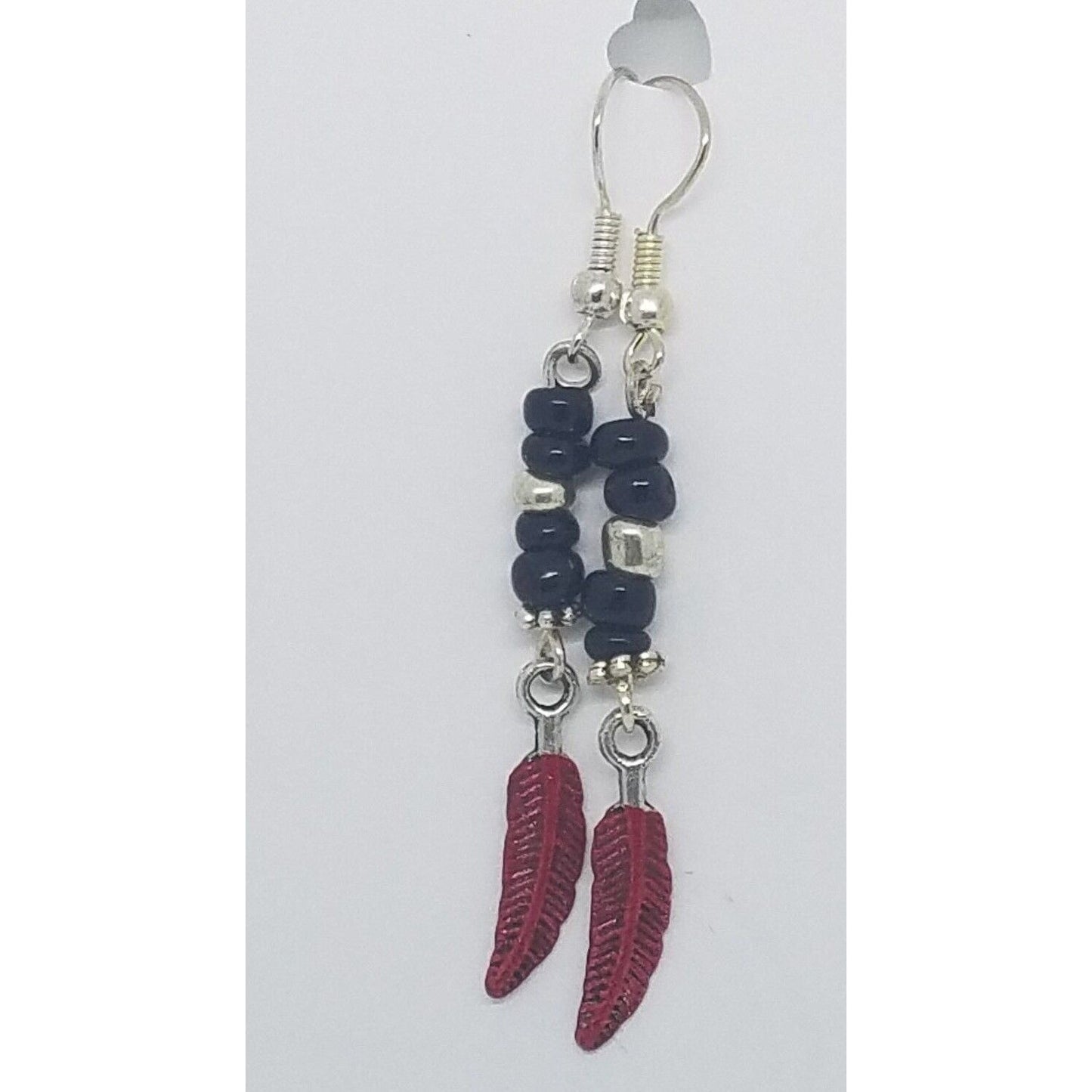 Earrings 1" Painted Red Feather Charm Black and Silver Bead Sterling Wire