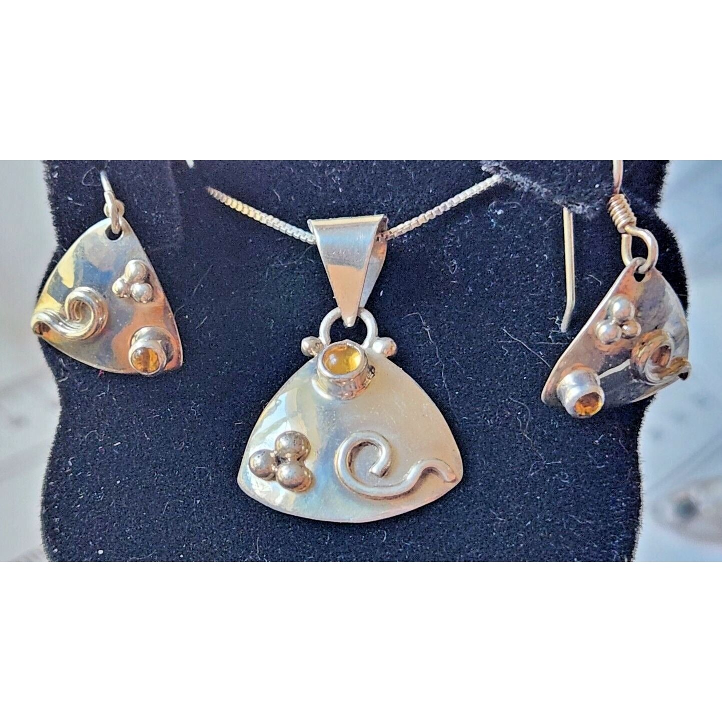 Jewelry Necklace Earrings Set Round Citrine 18" Silver Chain weight 9 Gr