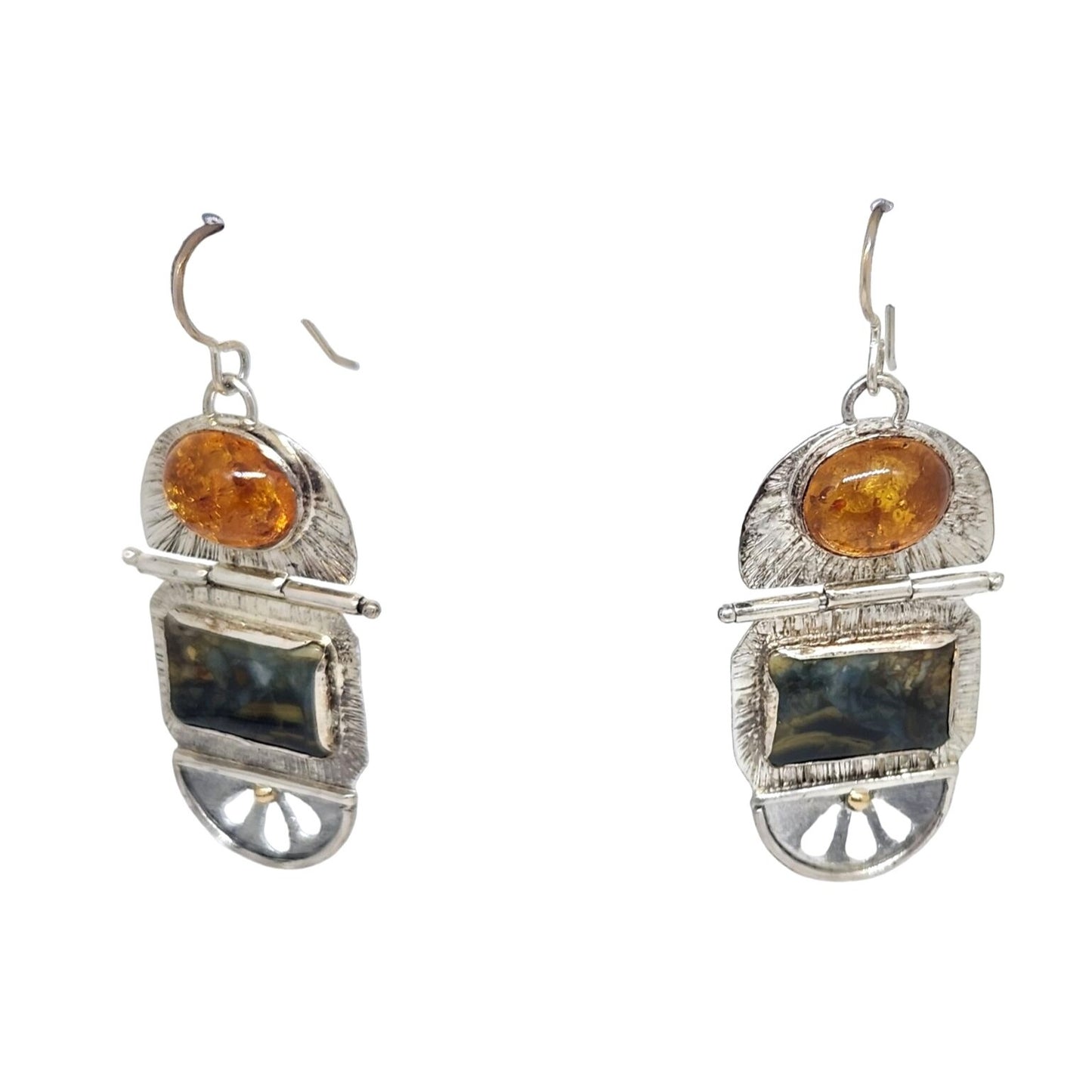 Earrings Baltic Amber Moissanite Jasper 925 Silver 14K Gold 10.8 Gr Silver Hooks