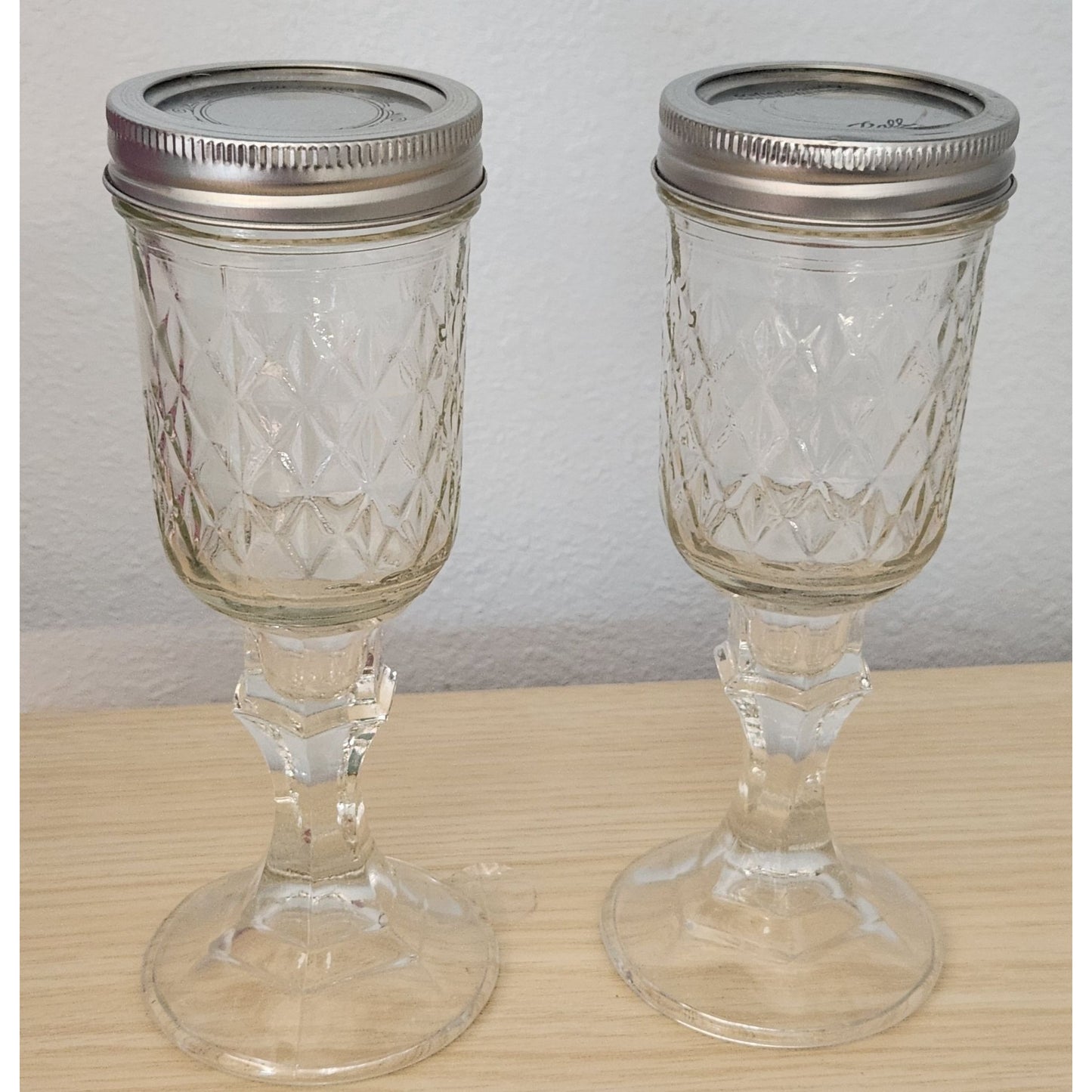 Clear Glass 2 pc Red Neck Wine Glasses with lid 8" Tall 4" Glass 4" Stem