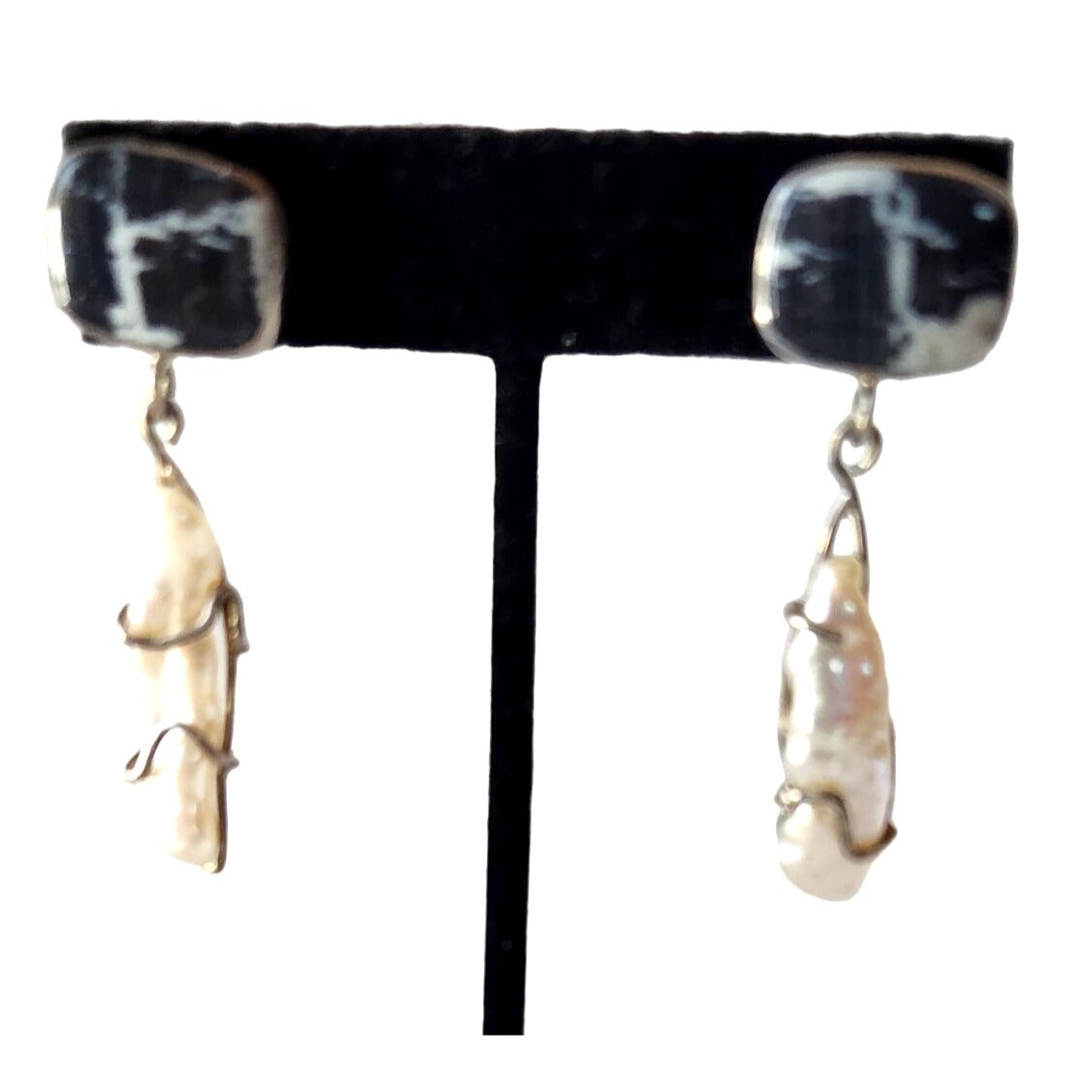 Black Coral Gold Wire wrap Brogue Pearls Earrings Post 11 gr 30mm x 10mm 925 Silver