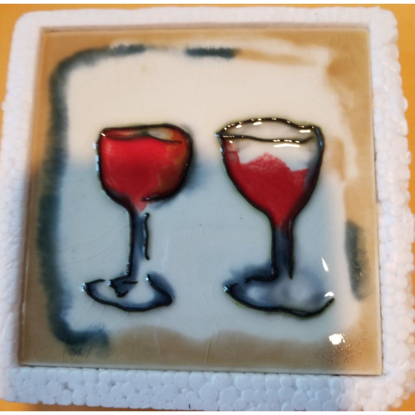 Art Tile 4" x 4" Muddy Waters Hand Painted 7A031 ArtWork on Tile Wine 3 Two Wine Glasses 1/2 " Ceramic Tile and backing