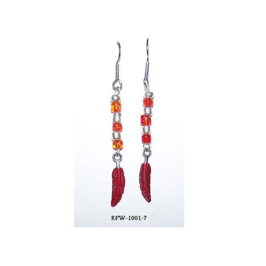 Earrings Painted Red Feather Charm Orange Silver Beads  2" long Sterling Hook