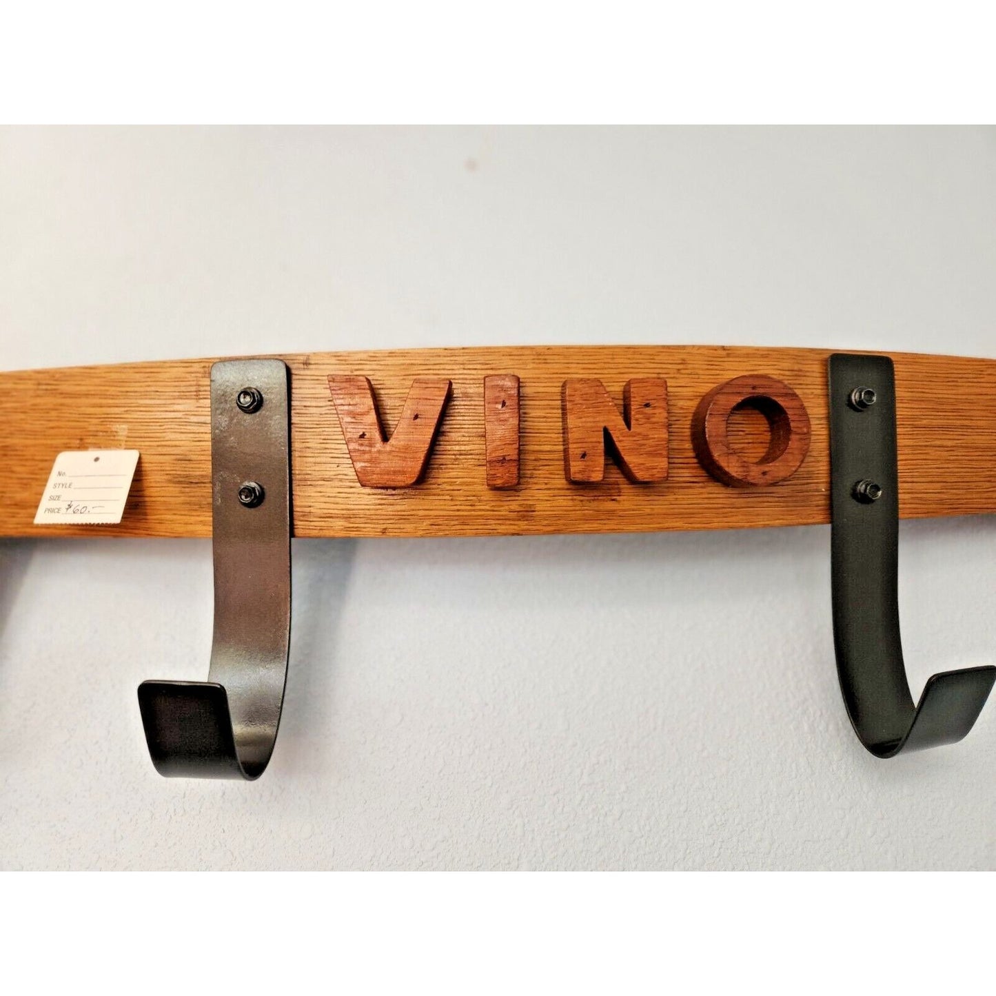 Wood Wine Bottle Holder 2 Bottles Says " Vino" Made from Wine Barrel Stave Ring