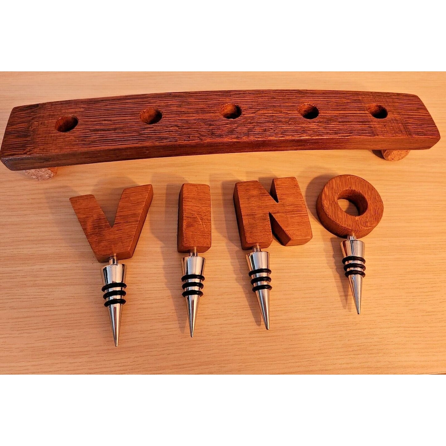 Wine Barrel Stopper Holder 5 Hole Display VINO Cork Feet 16 " x 2 1/2" x 2 1/2"