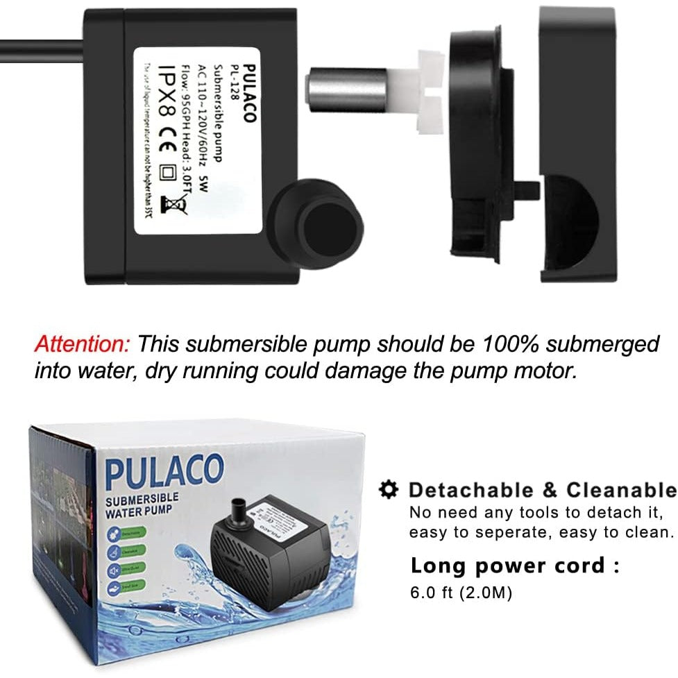 PULACO 95GPH 5W Mini Submersible Water Pump for Aquarium Fish Tank, Pond, Fountain, Hydroponics