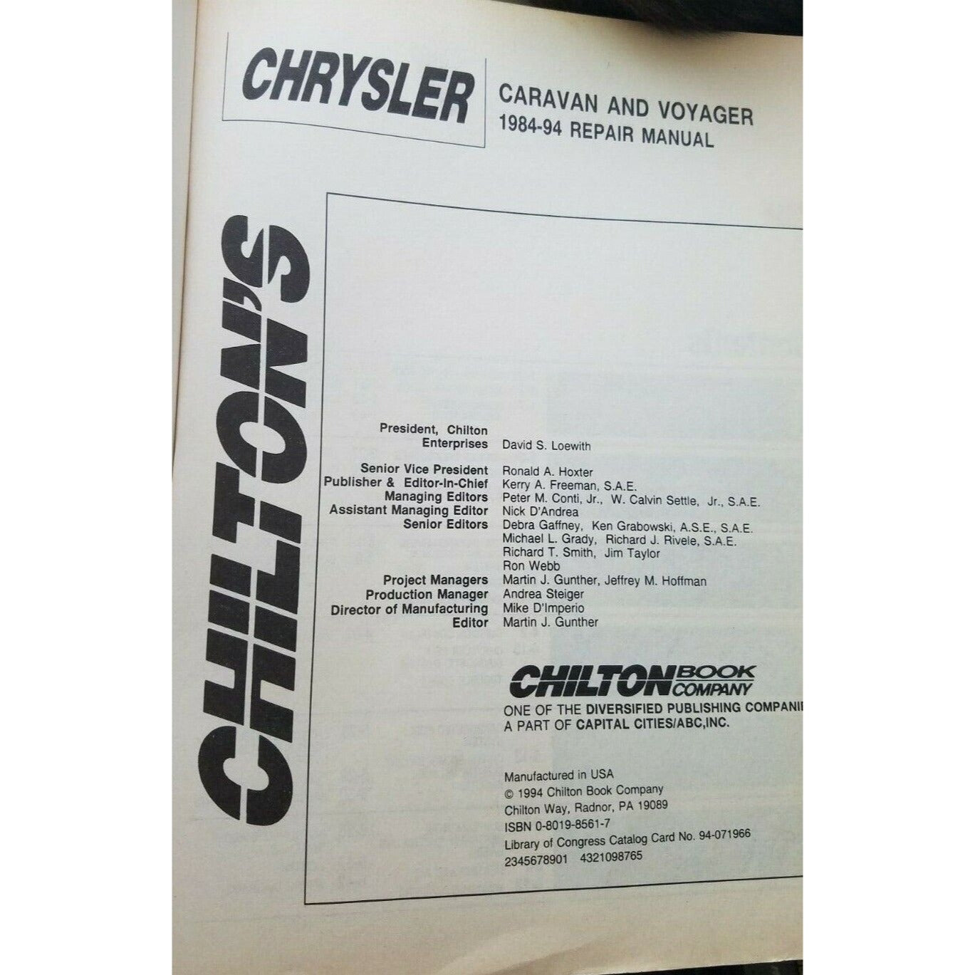 1984-92 Chilton's Chrysler Caravan Voyager Repair Manual # 8155