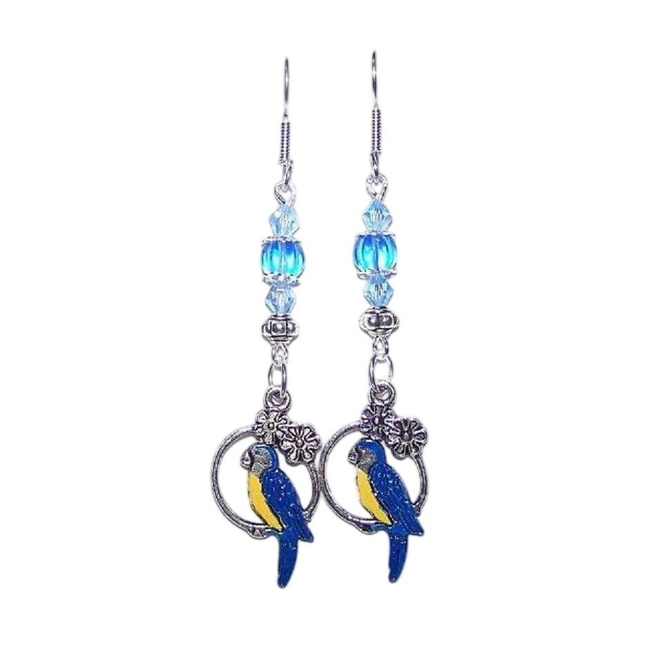 Earrings Blue Parrot Hoop Flowers Blue Silver Bead Caps 2" long Sterling Hook
