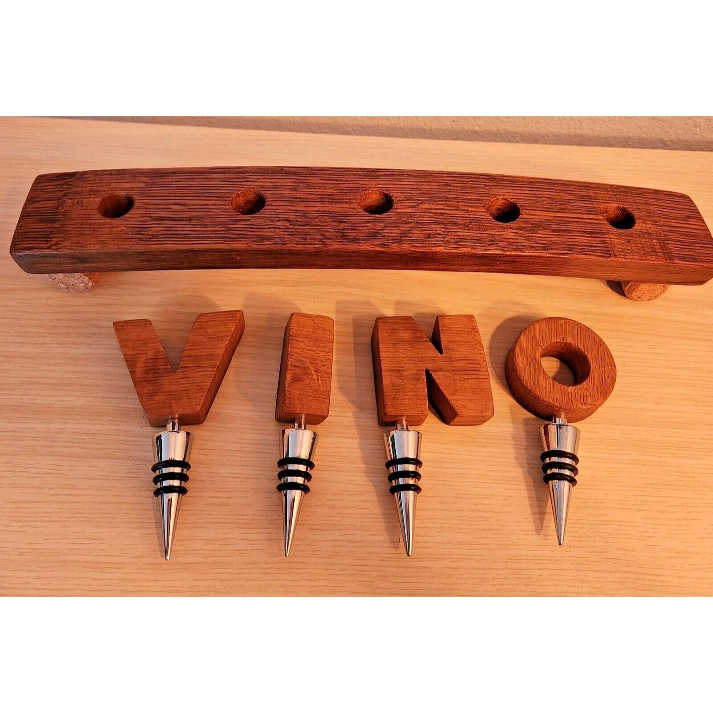 Wine Barrel Stopper Holder 5 Hole Display VINO Cork Feet 16 " x 2 1/2" x 2 1/2"