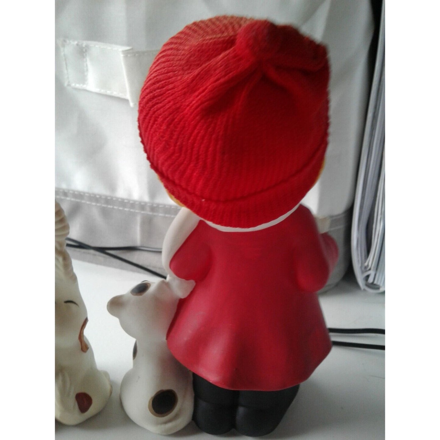 Statue Singing Boy & Girl Red Fabric Hat Holding Song Book Dog Cat Singing UOGC