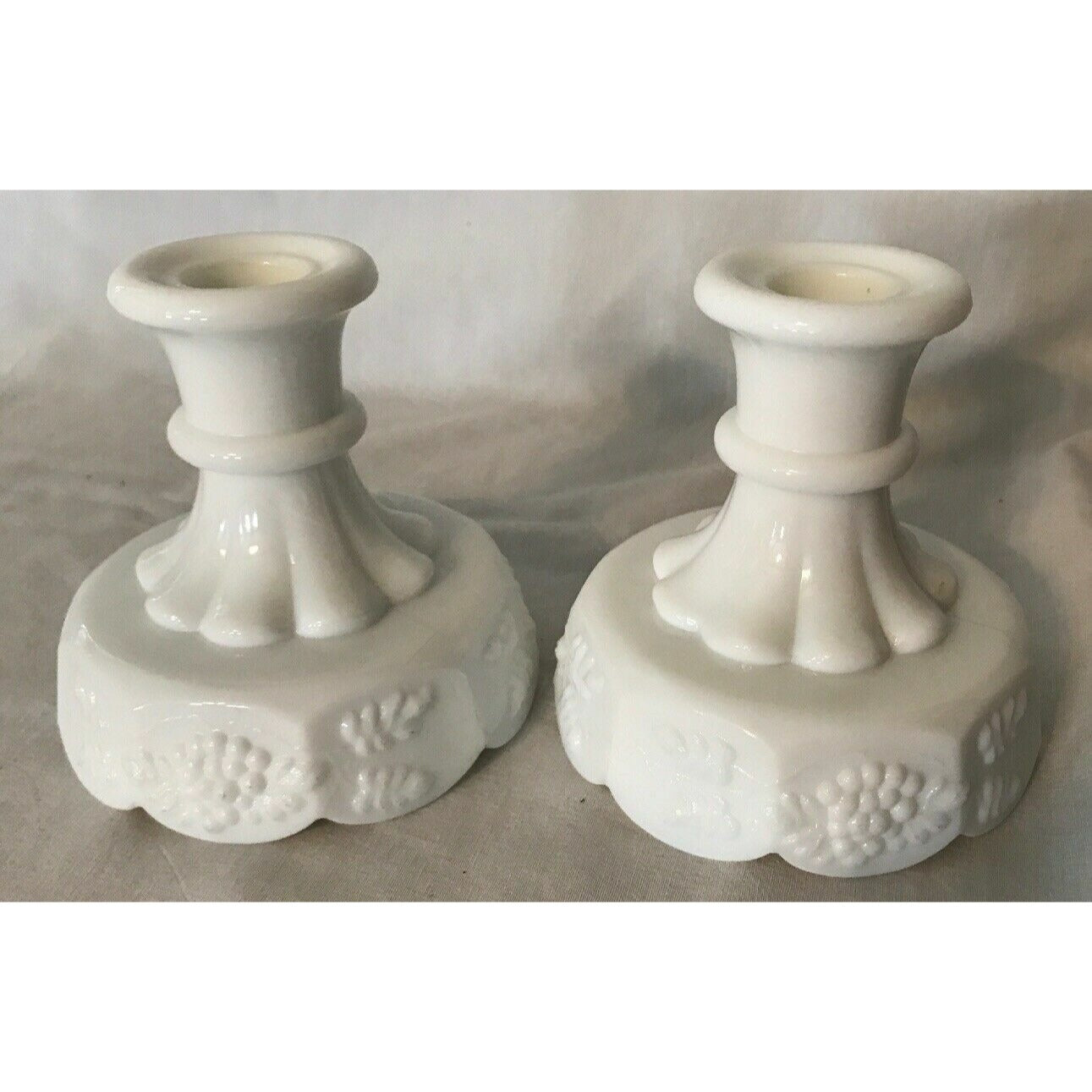 WESTMORLAND VINTAGE MILK GLASS CANDLE STICK HOLDERS “Grape Harvest” Pattern Pair