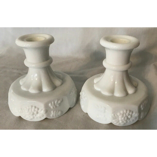 WESTMORLAND VINTAGE MILK GLASS CANDLE STICK HOLDERS “Grape Harvest” Pattern Pair