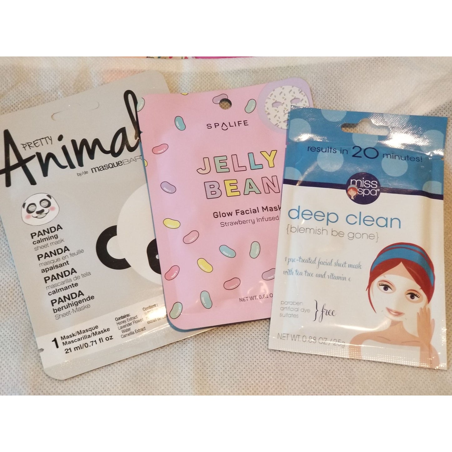 Set of 3 Face Masks 1 Each Miss Spa Deep Clean, Spa Life Jelly Bean,, MasqueBar Pretty Animalz