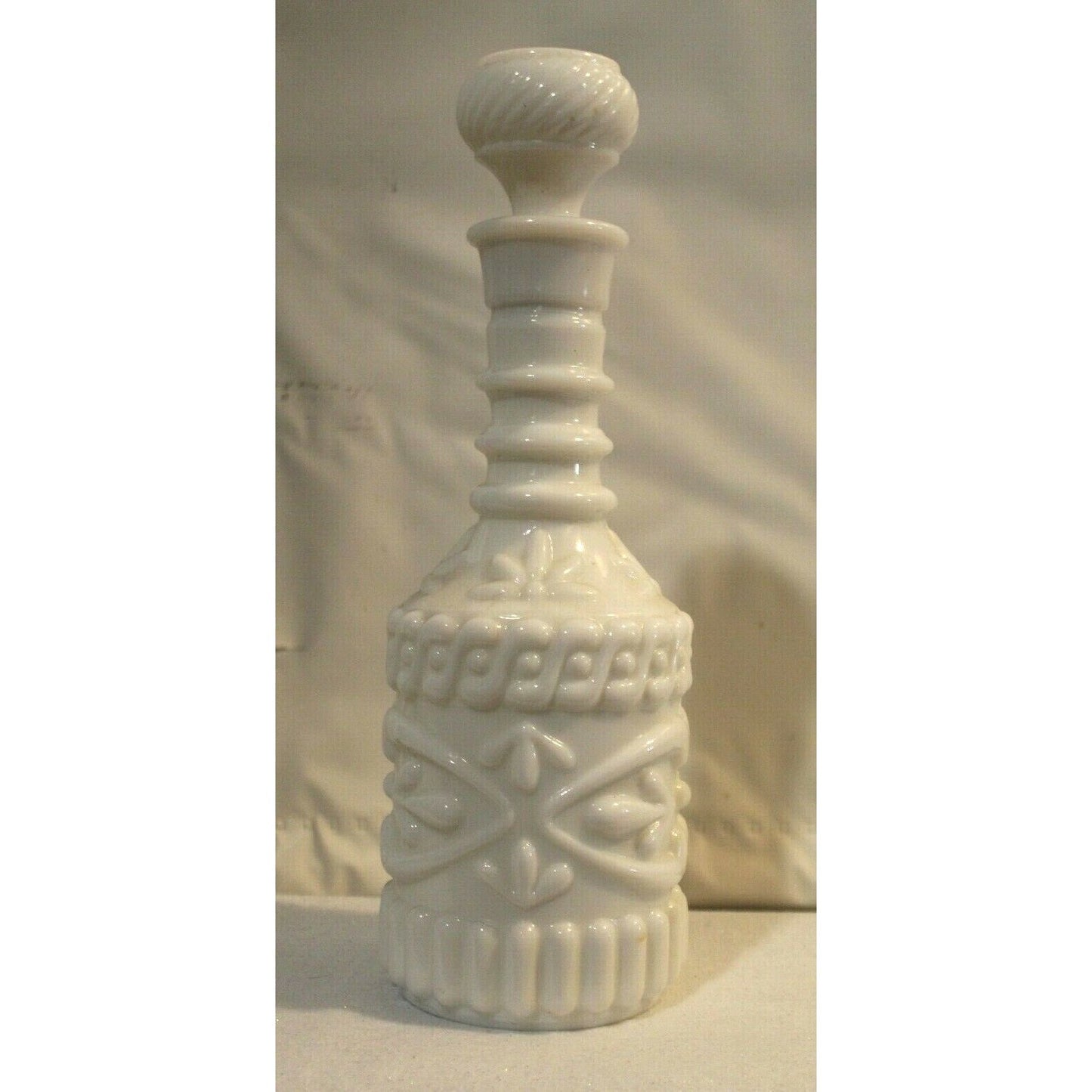 White Milk Glass Liquor Bottle with Cork Stopper 12" Tall KY DR8 230 119 3 09