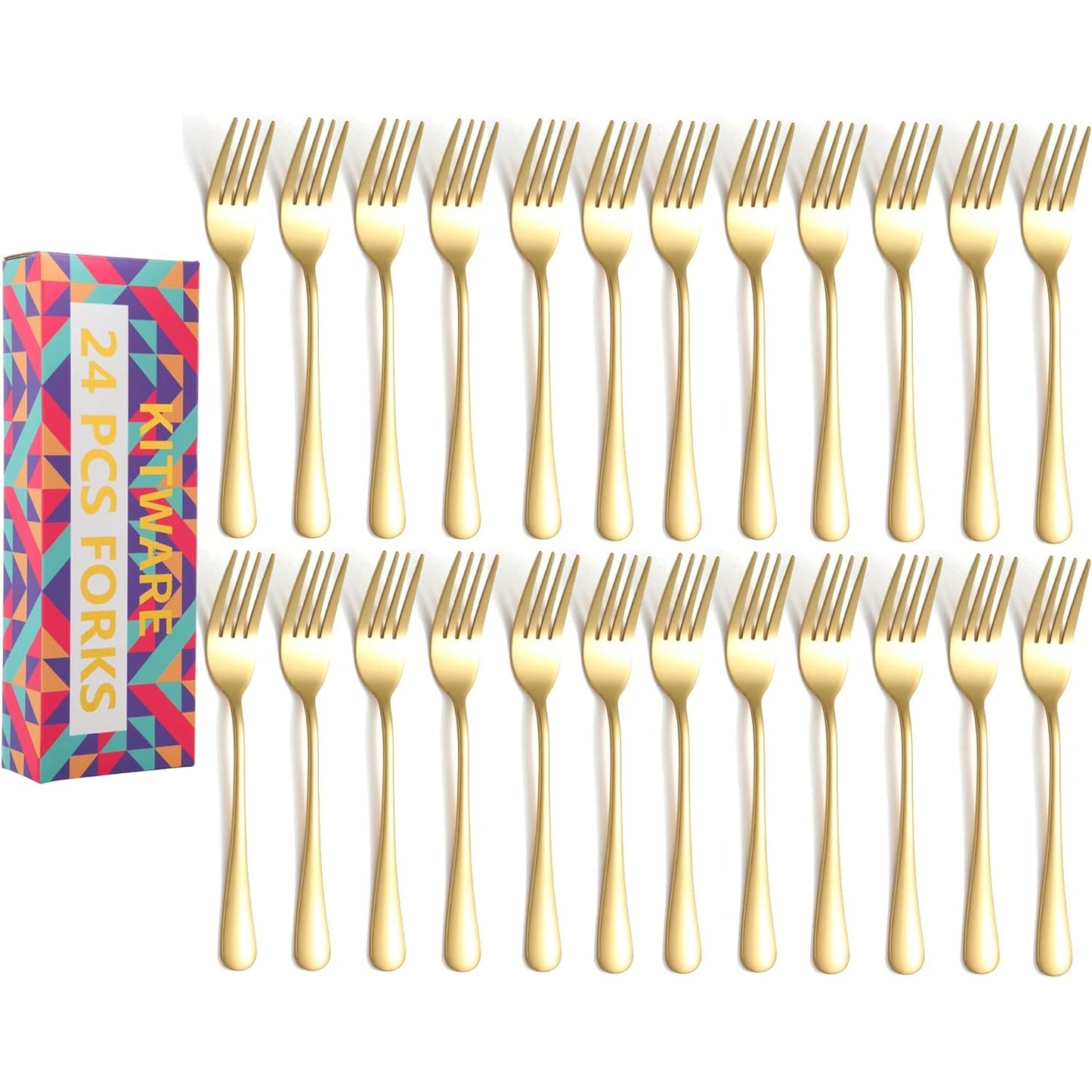 KITWare 24 Piece Gold Silverware Forks, Food Grade Stainless Steel Flatware Golden Dinner Forks 8 Inch Metal Forks Cutlery for Home Kitchen