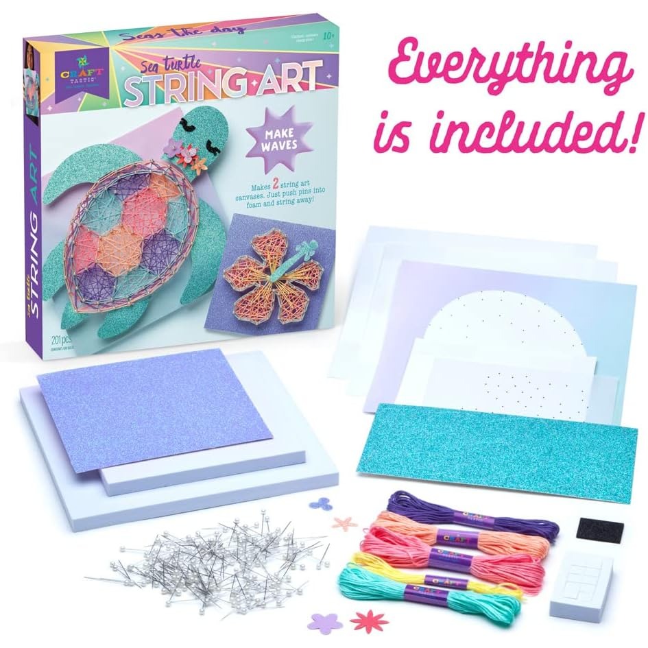 Craft-tastic — String Art Sea Turtle for 2 Fun Craft Projects — Sea Turtle and Hibiscus Flower — Ages 10+