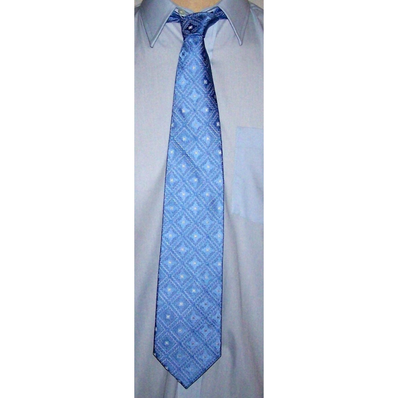 Tie Men's 100 % Silk Neck Tie Hand Made Courage Blue Geometric Shapes in White