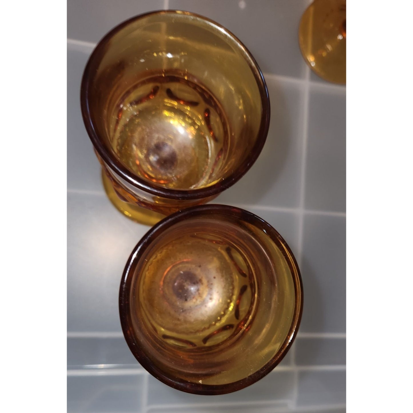 Set of 10 Thumbprint Indiana Glass King’s Crown Amber glasses 4 1/2 Tall 2 1/2" wide top 2" Stem 2 1/2 Glass Vintage Wine Goblets