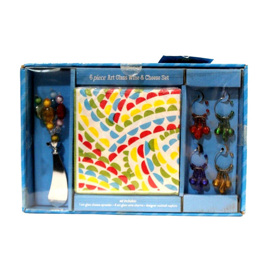 Boston Warehouse Beads 6 piece Art Glass Wine Charm & Cheese Slicer, Napkins