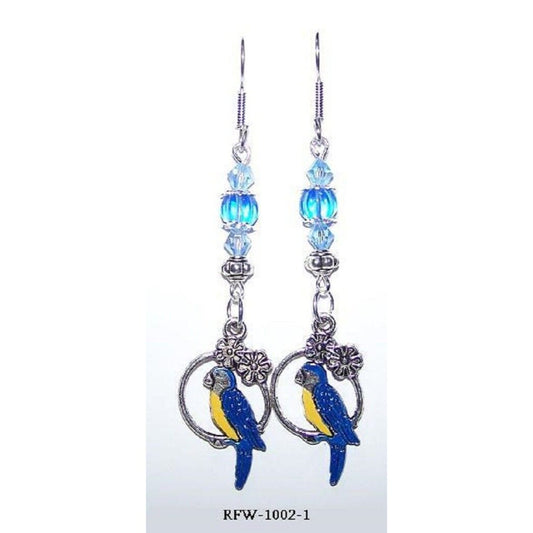 Earrings Painted Parrot Hoop Flowers Blue Silver Beads  2" long Sterling Hook