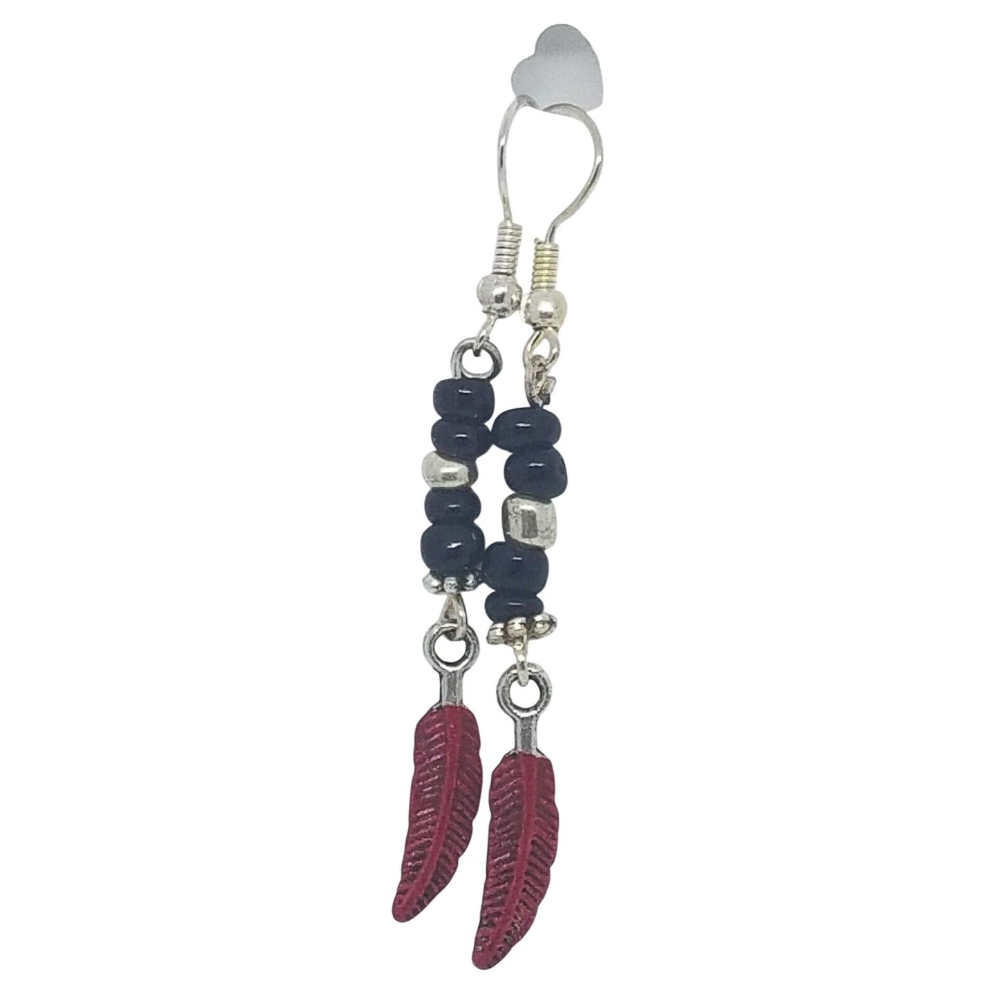 Earrings 1" Painted Red Feather Charm Black and Silver Bead Sterling Wire