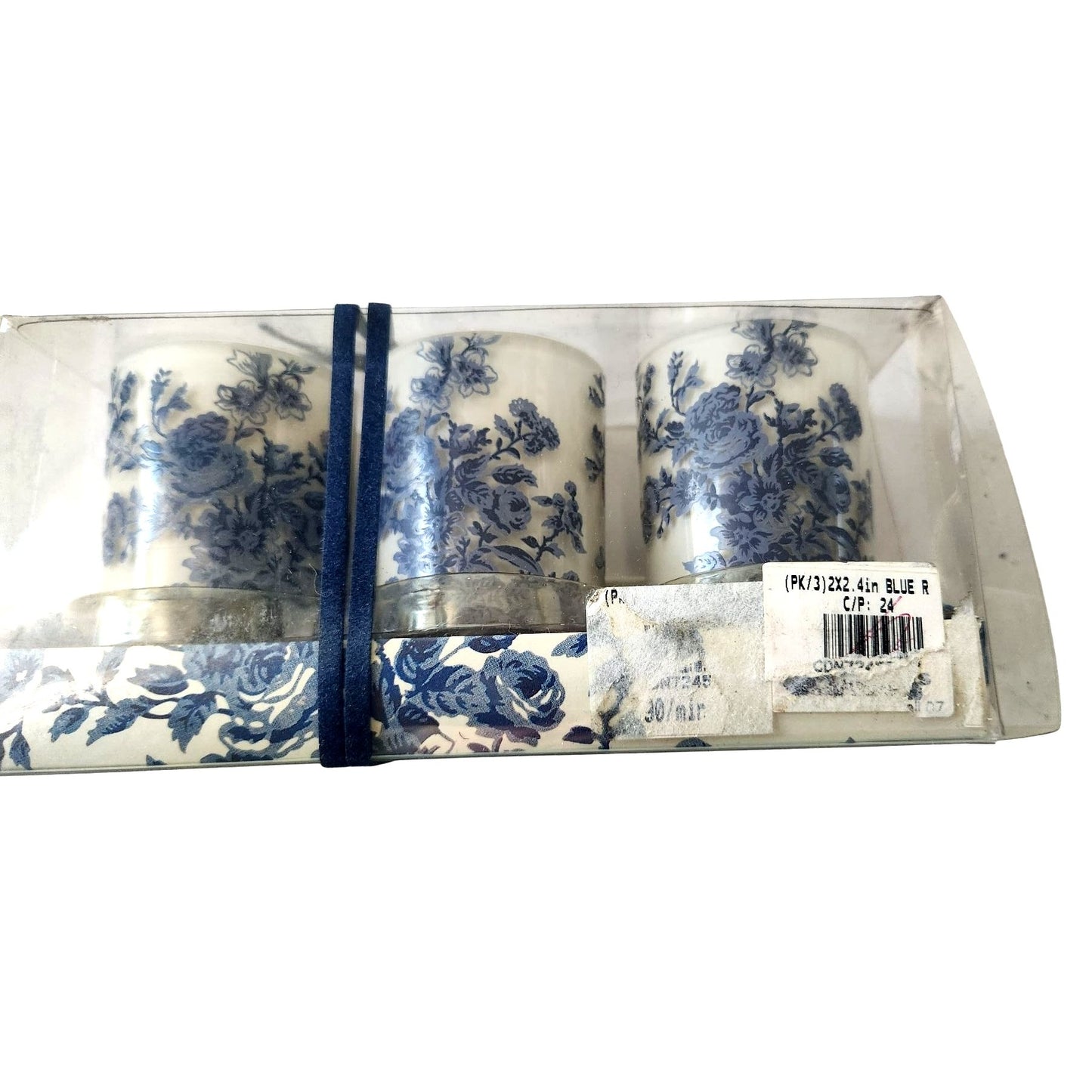 Candles White Sparkle Votive Blue Floral   2 1/2 " Tall 2" Top Gift Box Set of 3 Sparkle on Top