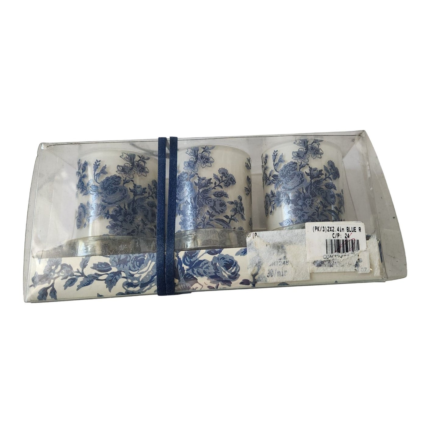 Candles White Sparkle Votive Blue Floral   2 1/2 " Tall 2" Top Gift Box Set of 3 Sparkle on Top