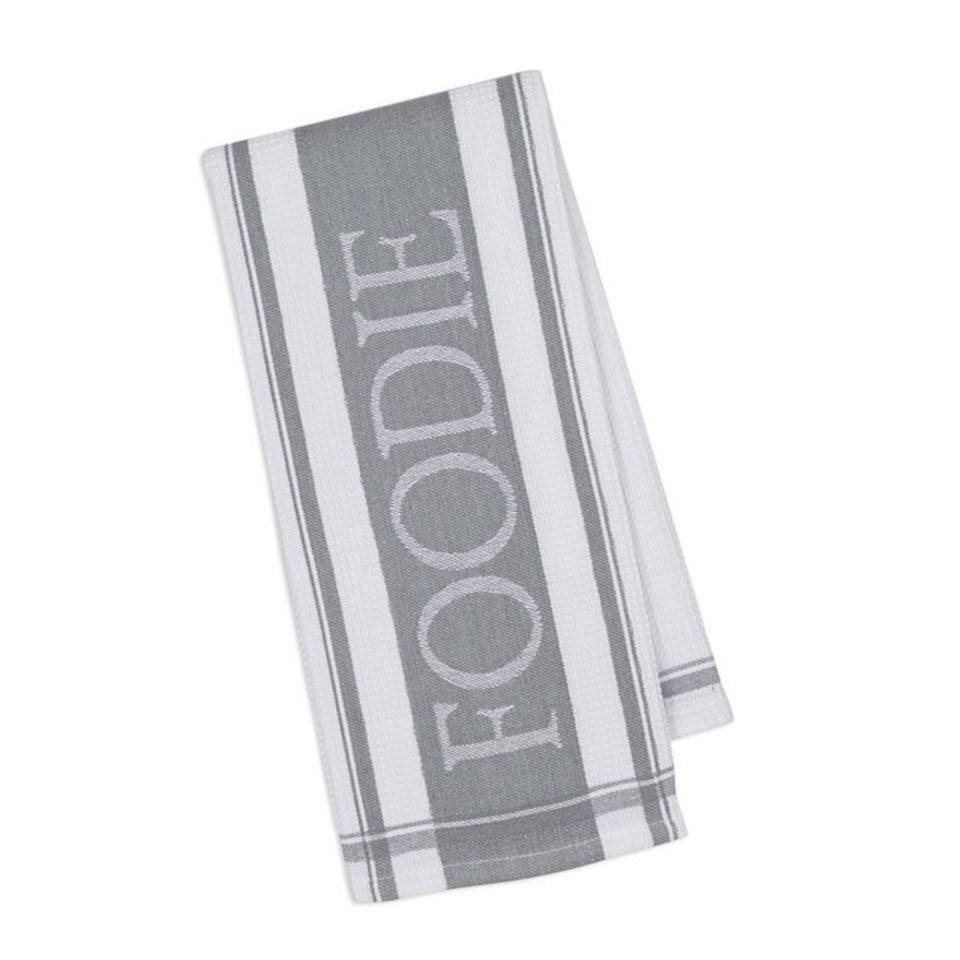 Kitchen Towel Design Imports Grey Says "Foodie" Jacquard Dish 100% Cotton. 18 x 28" Waffle Weave