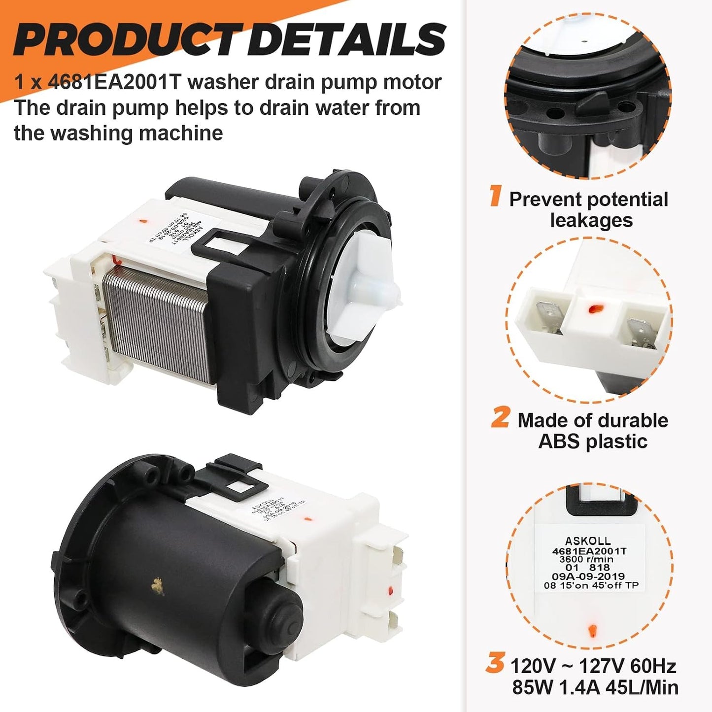 4681EA2001T Washer Drain Pump OEM Motor Replace for Kenmore & LG Washing Machine Replacement AP5328388 4681EA1007G 4681EA1007D Fit for Drain Pump Washing Machine WM2101HW WM3270CW WM3431HS WM3770HVA
