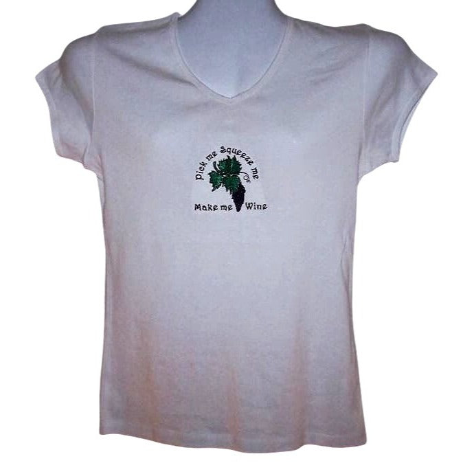 T-Shirt Short Sleeves Bella White V-Neck Size Large Cotton Pick Me Squeeze Me Make Me Wine